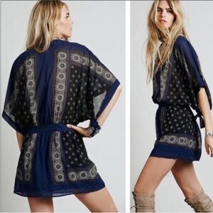 FREE PEOPLE Santa Cruz Kimono Mini Dress Blue FP Size M S Boho Feminine Party‎